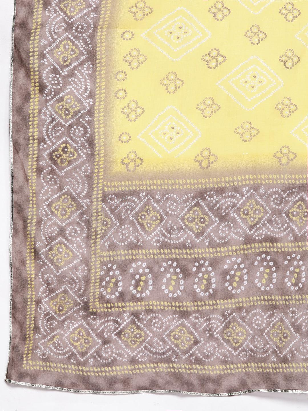 Plus Size Brown Printed Cotton Straight Kurta With Trousers & Dupatta - Libas
