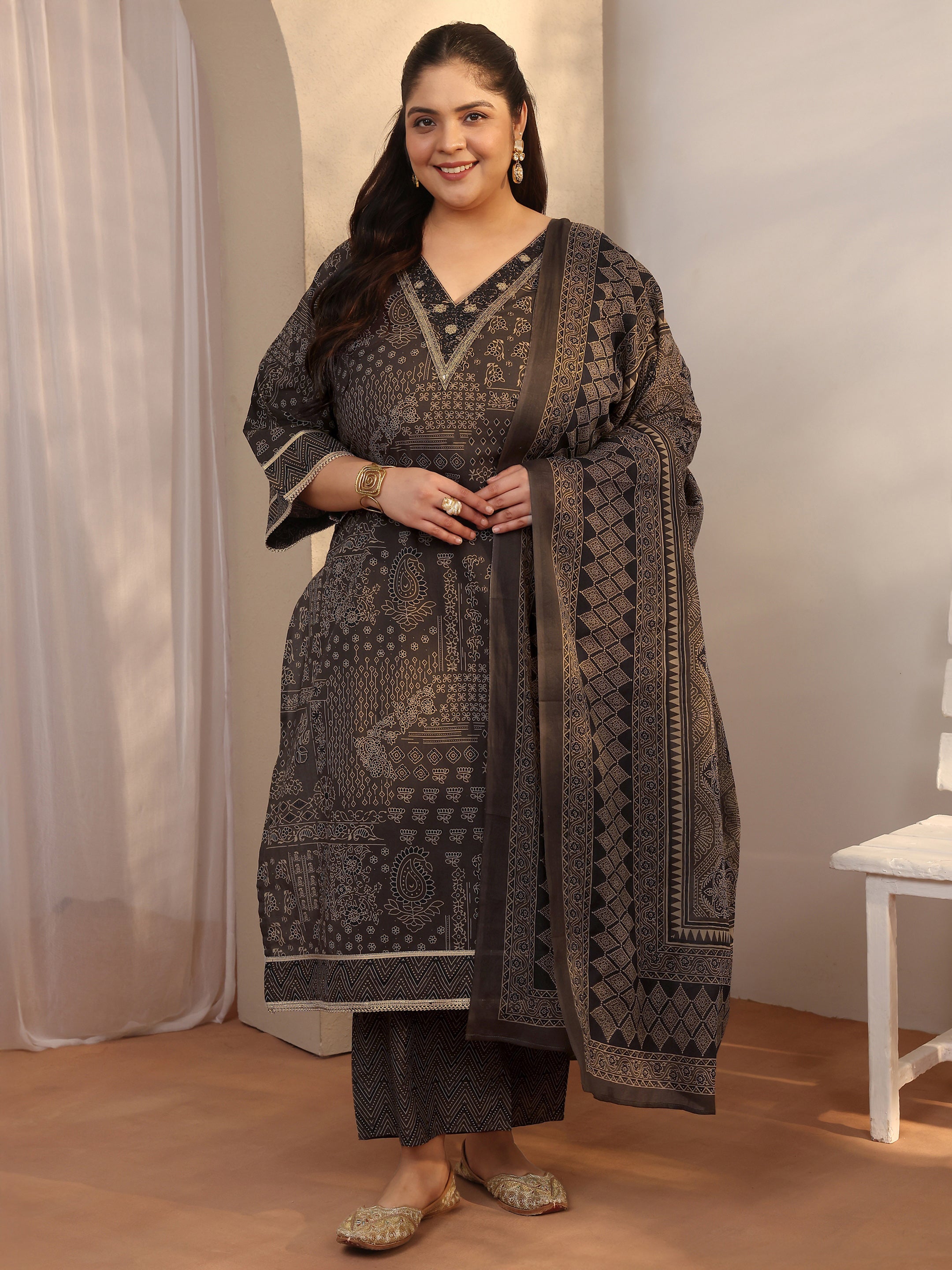 libas Plus Size Brown Printed Cotton Straight Suit Set With Dupatta-picture-10