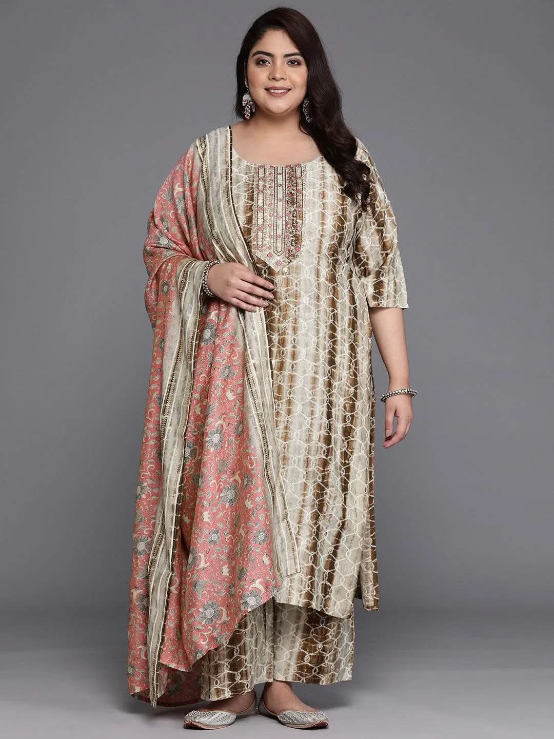 Plus Size Brown Yoke Design Silk Blend Straight Suit Set - Libas 