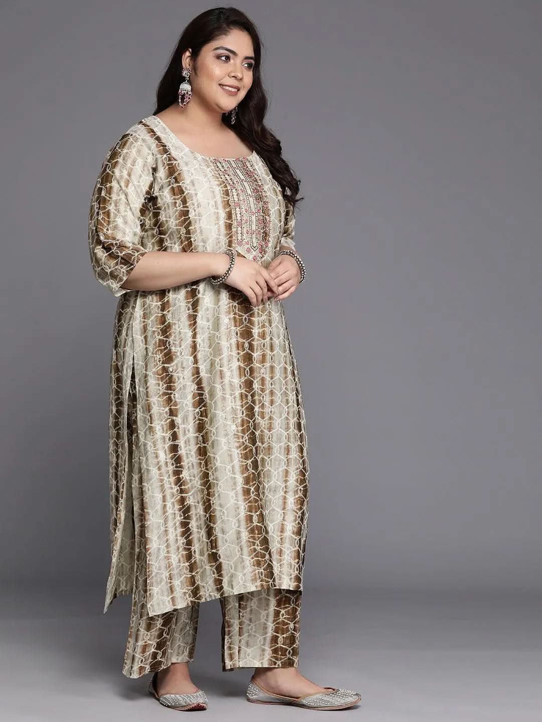 Plus Size Brown Yoke Design Silk Blend Straight Suit Set - Libas 