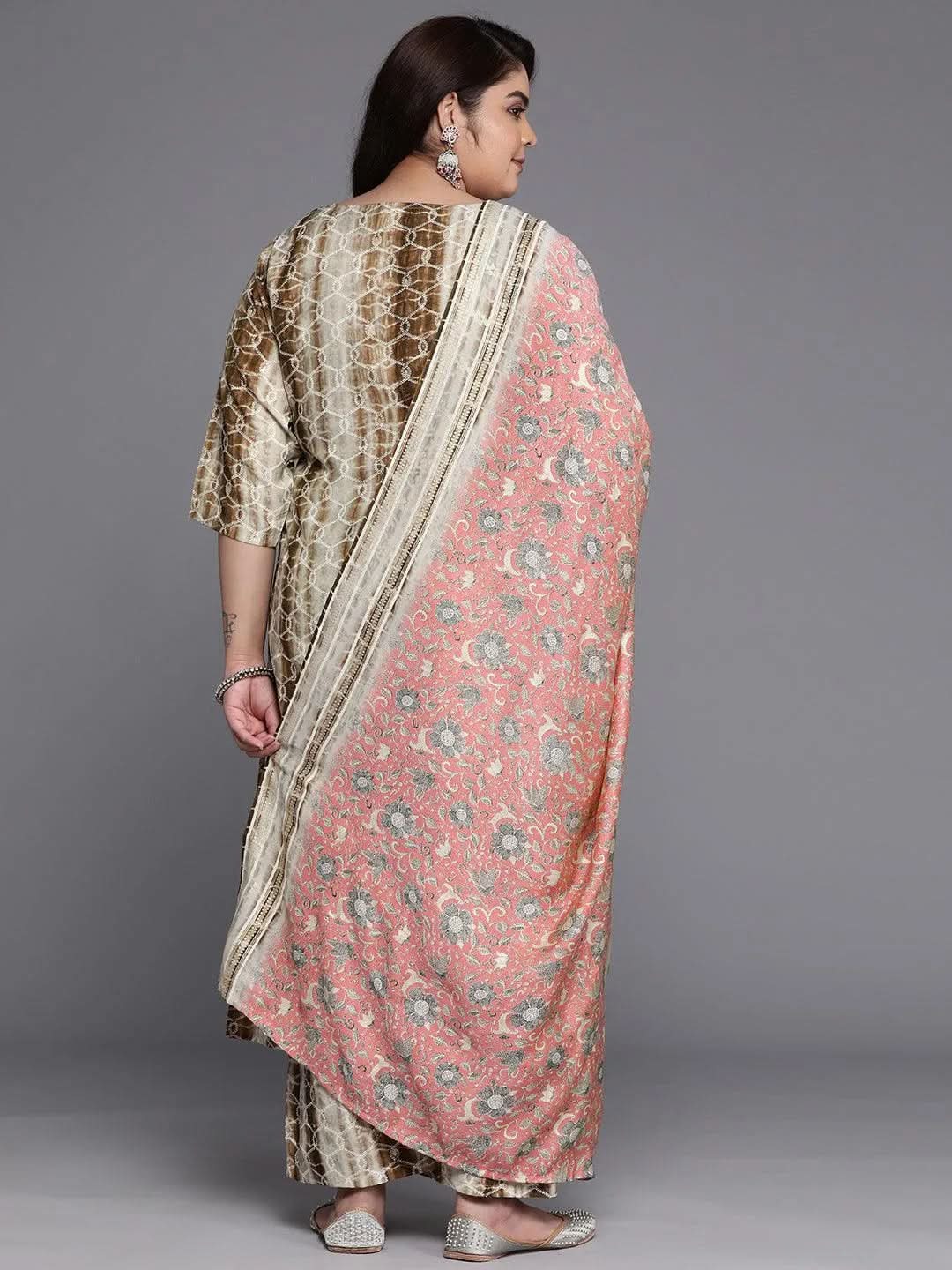 Plus Size Brown Yoke Design Silk Blend Straight Suit Set - Libas 