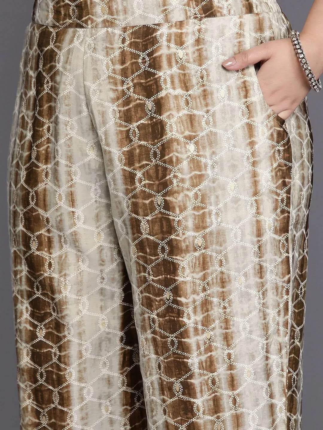 Plus Size Brown Yoke Design Silk Blend Straight Suit Set - Libas 