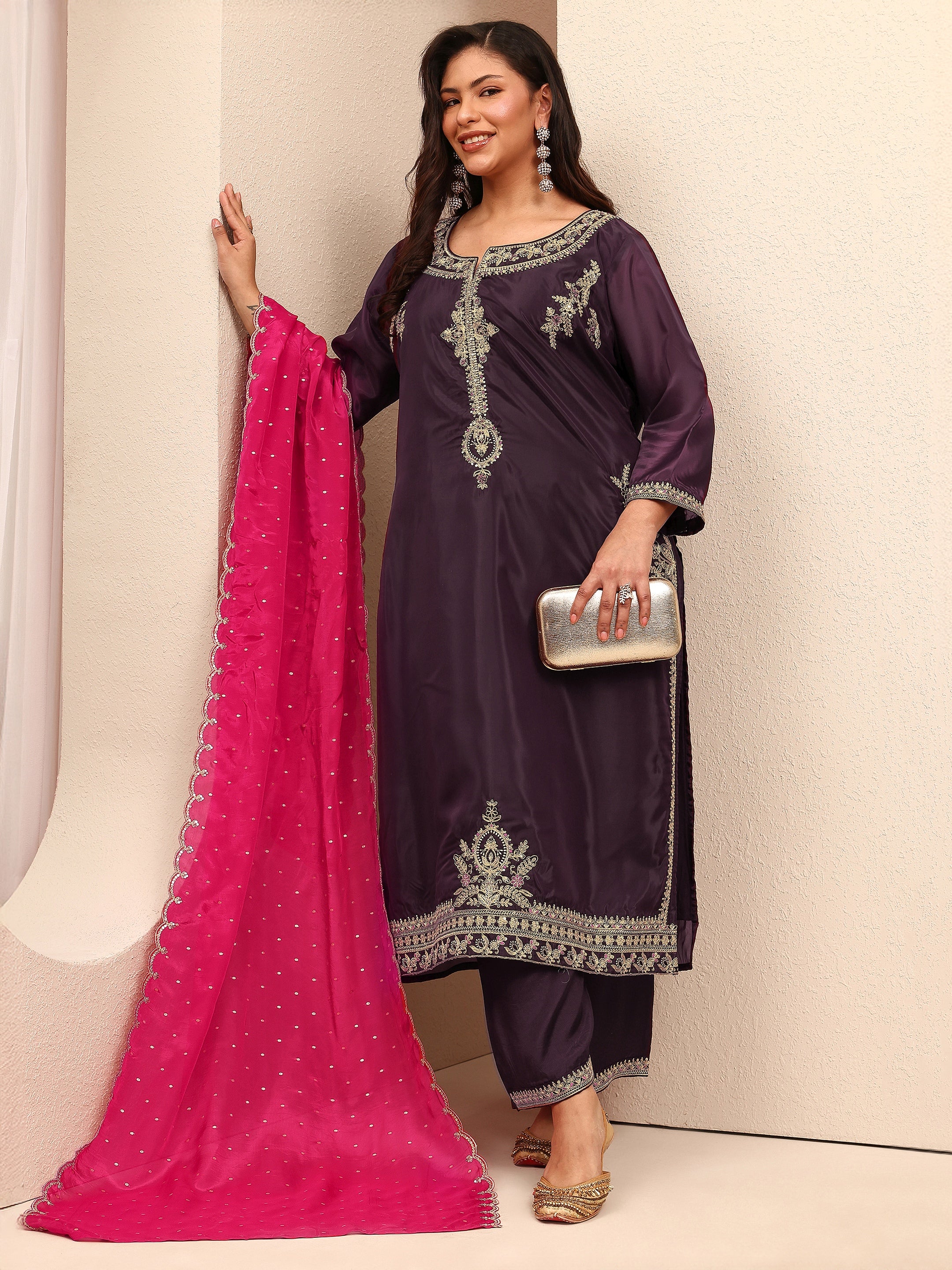 libas Plus Size Burgundy Embroidered Plus Size Clothing Organza Straight Suit Set With Dupatta-picture-15