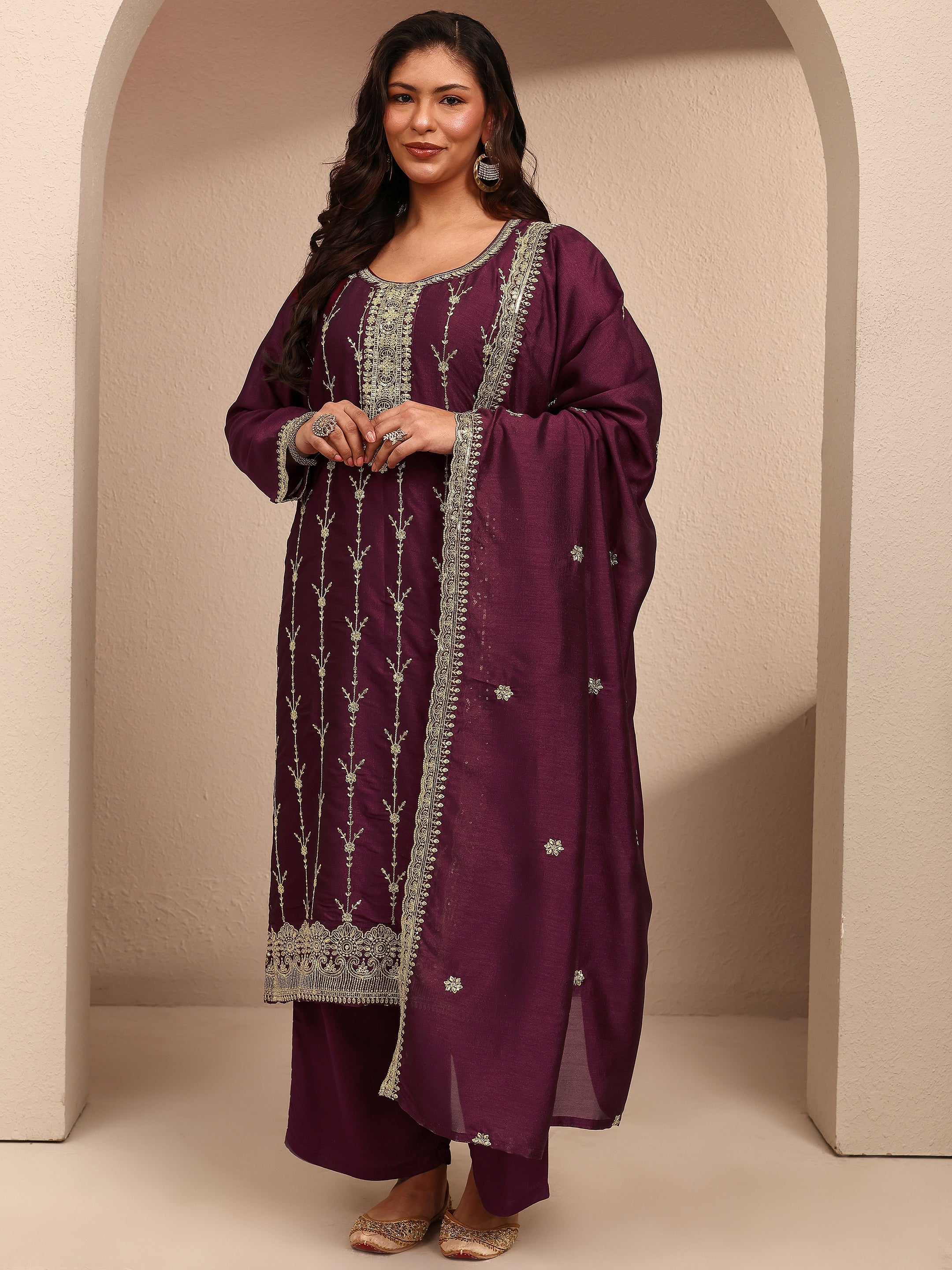 libas Plus Size Burgundy Embroidered Plus Size Clothing Silk Blend Straight Suit Set With Dupatta-picture-17