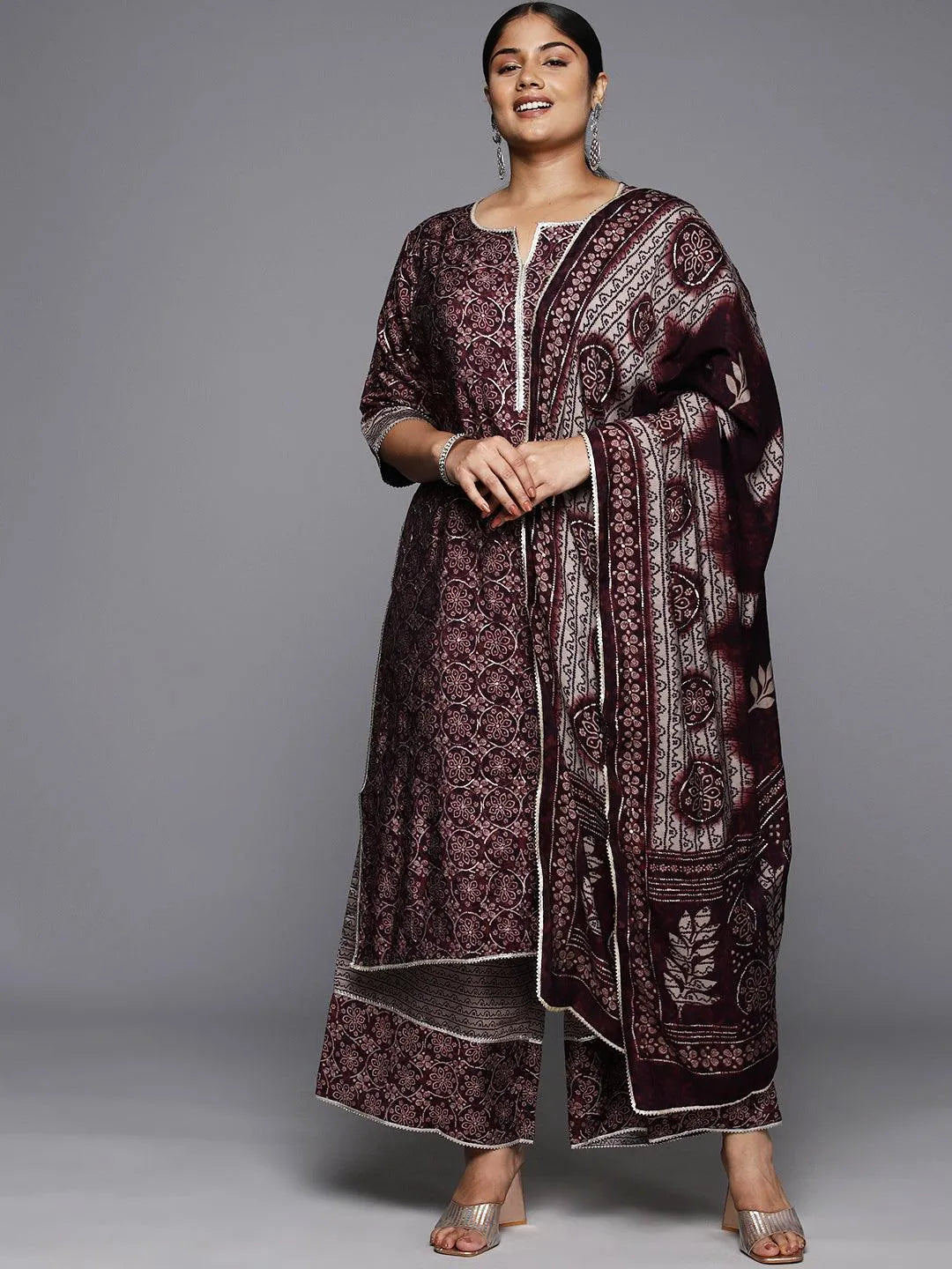 Plus Size Burgundy Printed Silk Blend Straight Kurta With Palazzos & Dupatta - Libas 
