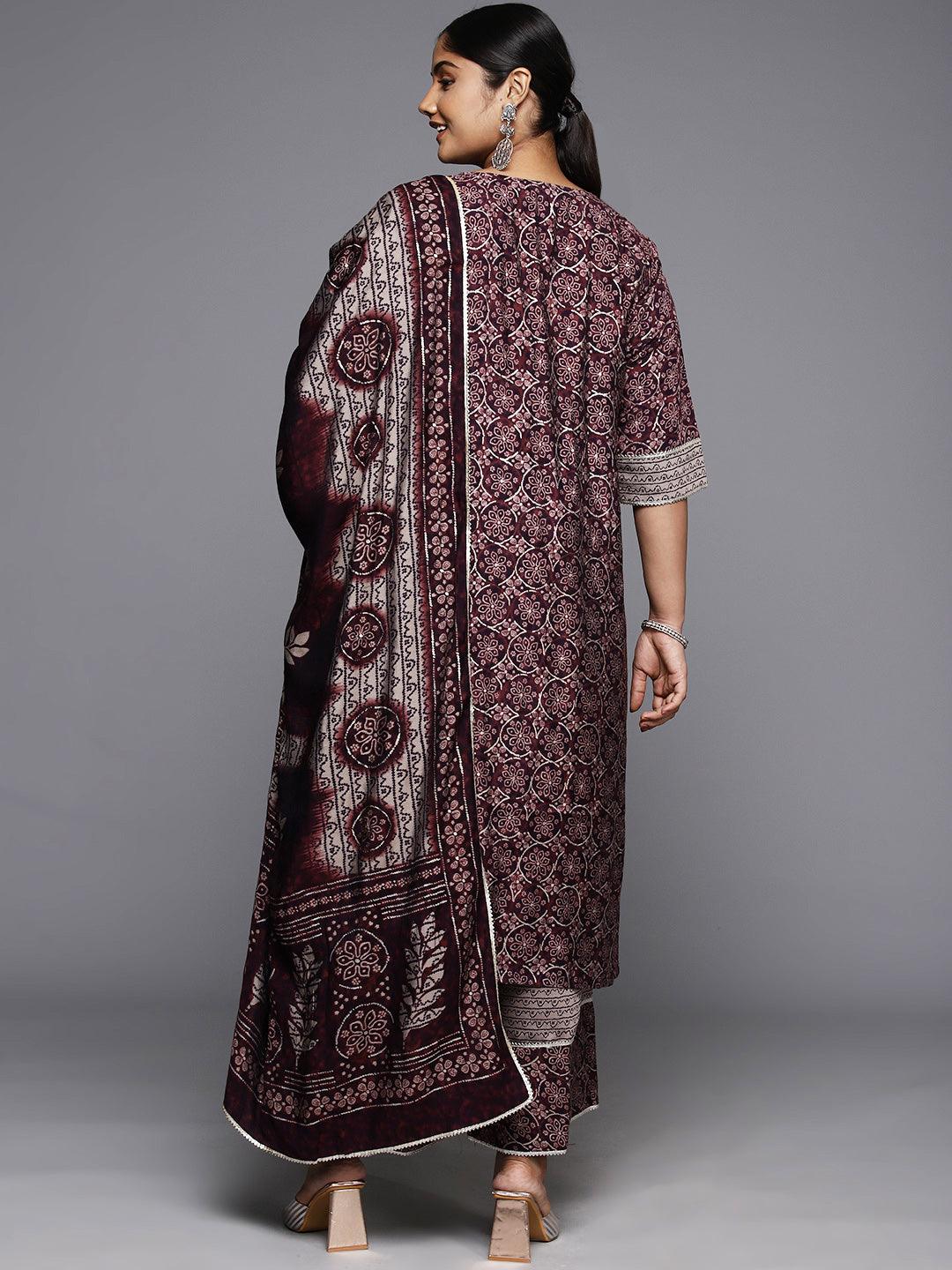 Plus Size Burgundy Printed Silk Blend Straight Suit With Dupatta