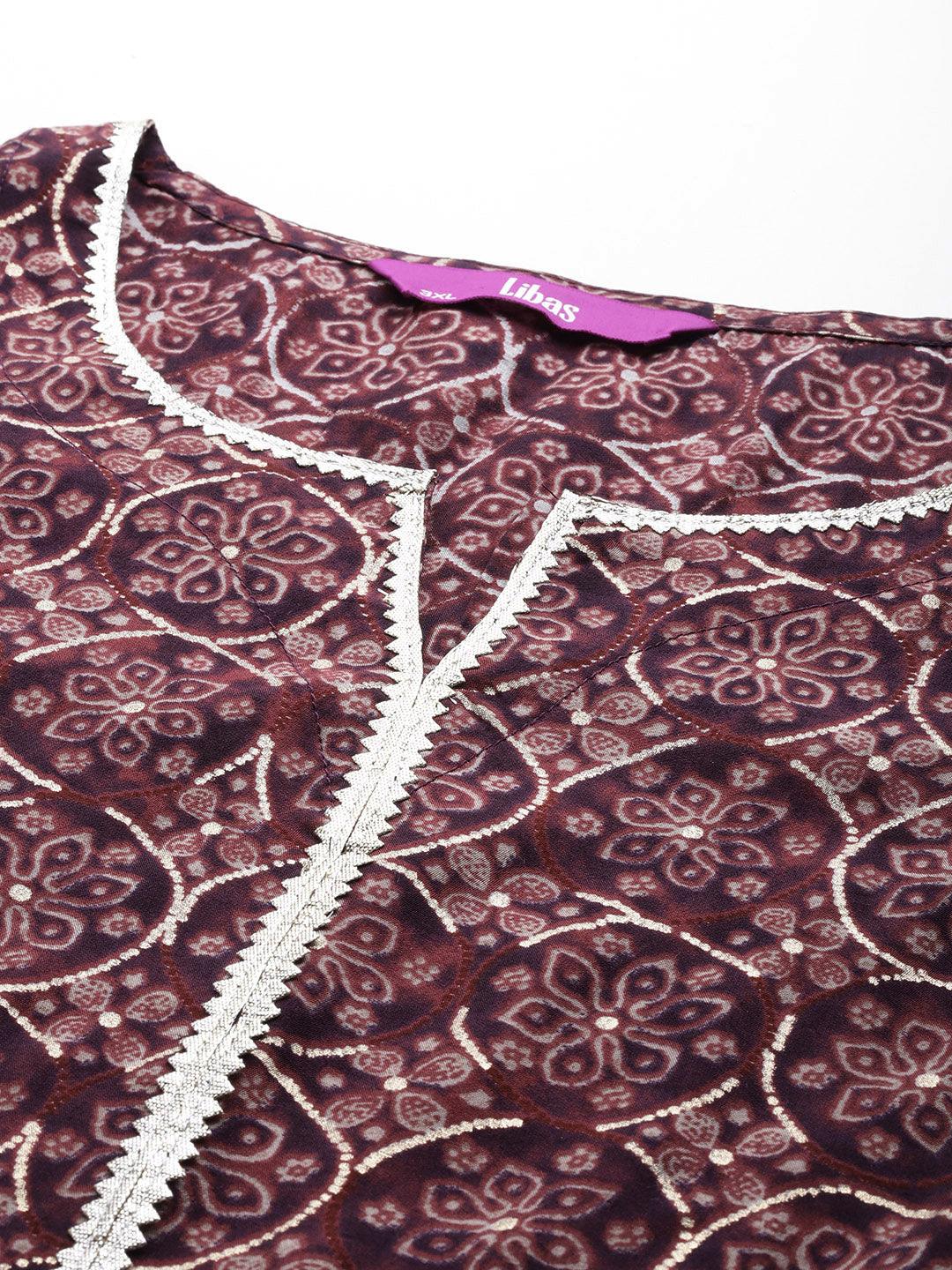 Plus Size Burgundy Printed Silk Blend Straight Kurta With Palazzos & Dupatta - Libas