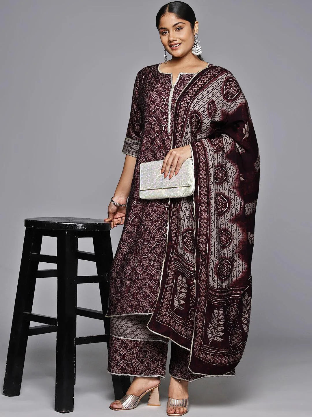 Plus Size Burgundy Printed Silk Blend Straight Kurta With Palazzos & Dupatta - Libas 