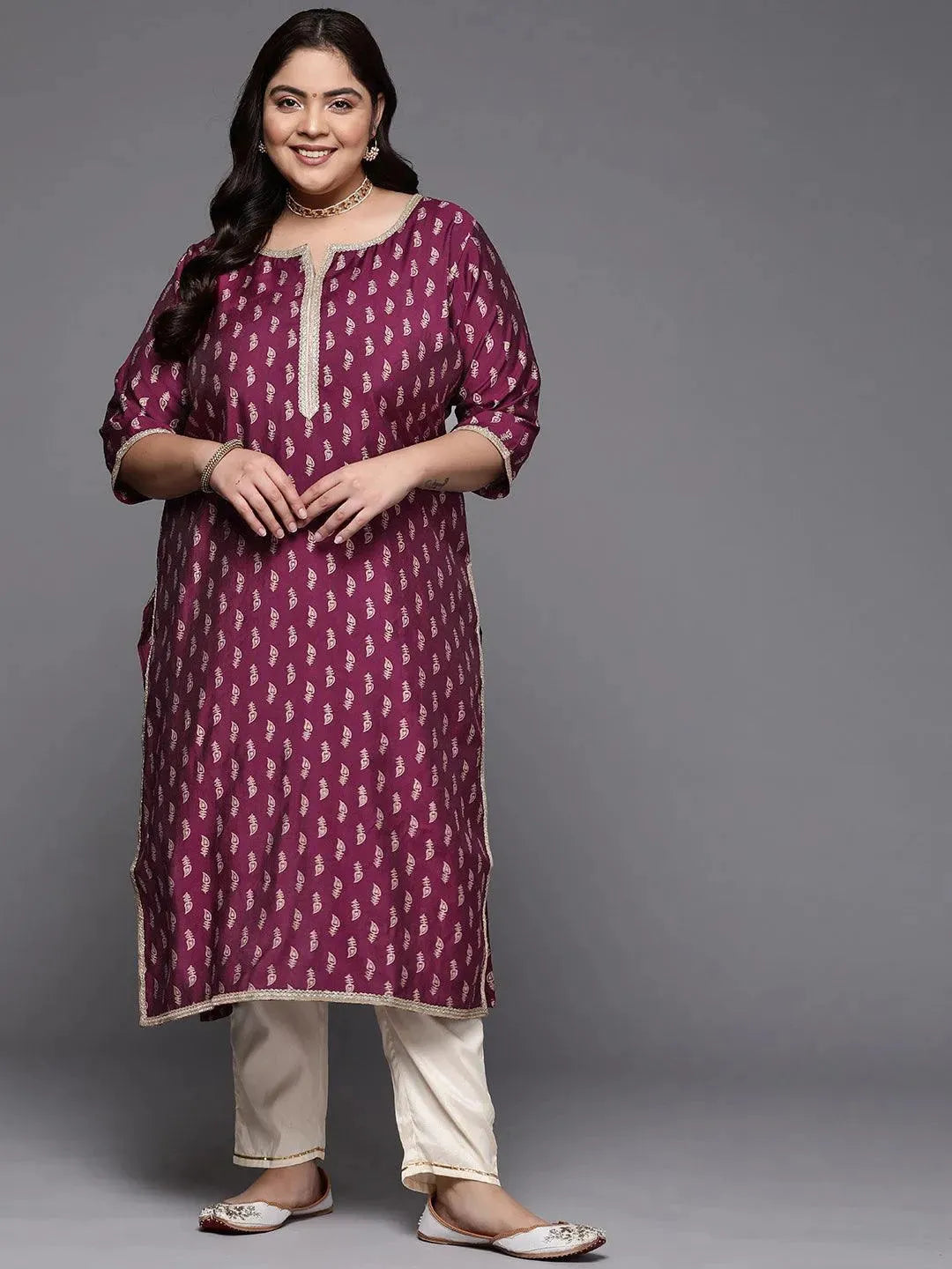 Plus Size Burgundy Printed Silk Straight Kurta - Libas