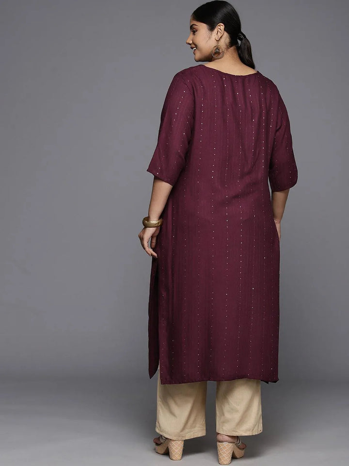 Plus Size Burgundy Rayon Embroidered Straight Kurta - Libas