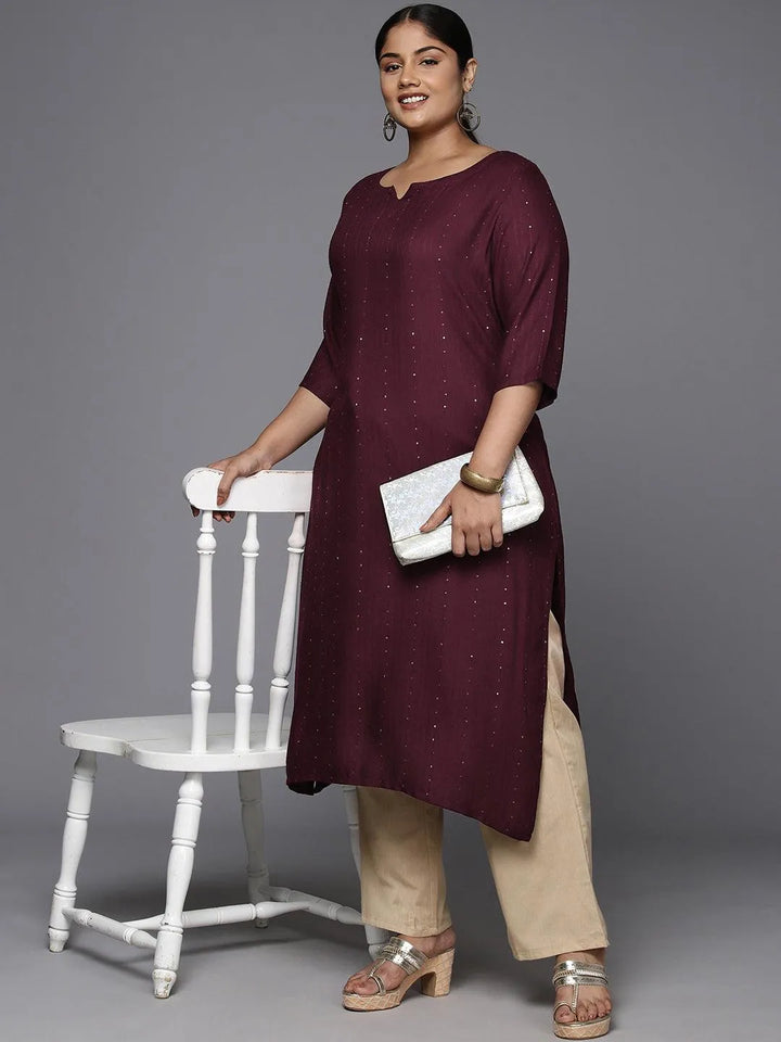 Plus Size Burgundy Rayon Embroidered Straight Kurta - Libas