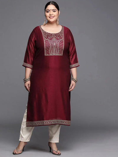 Plus Size Burgundy Yoke Design Silk Kurta - Libas