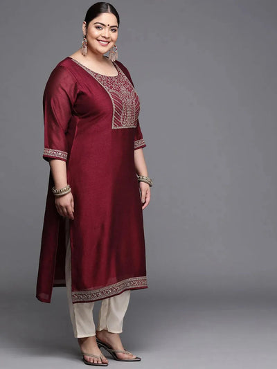 Plus Size Burgundy Yoke Design Silk Kurta - Libas
