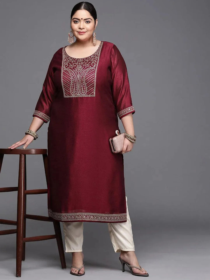 Plus Size Burgundy Yoke Design Silk Kurta - Libas