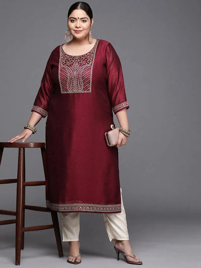Plus Size Burgundy Yoke Design Silk Kurta - Libas