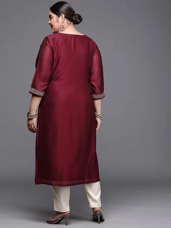 Plus Size Burgundy Yoke Design Silk Kurta - Libas