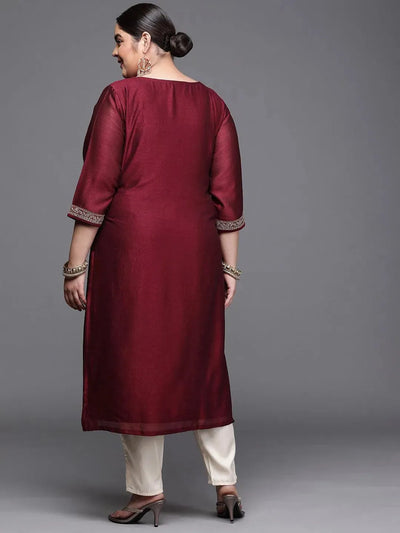 Plus Size Burgundy Yoke Design Silk Kurta - Libas