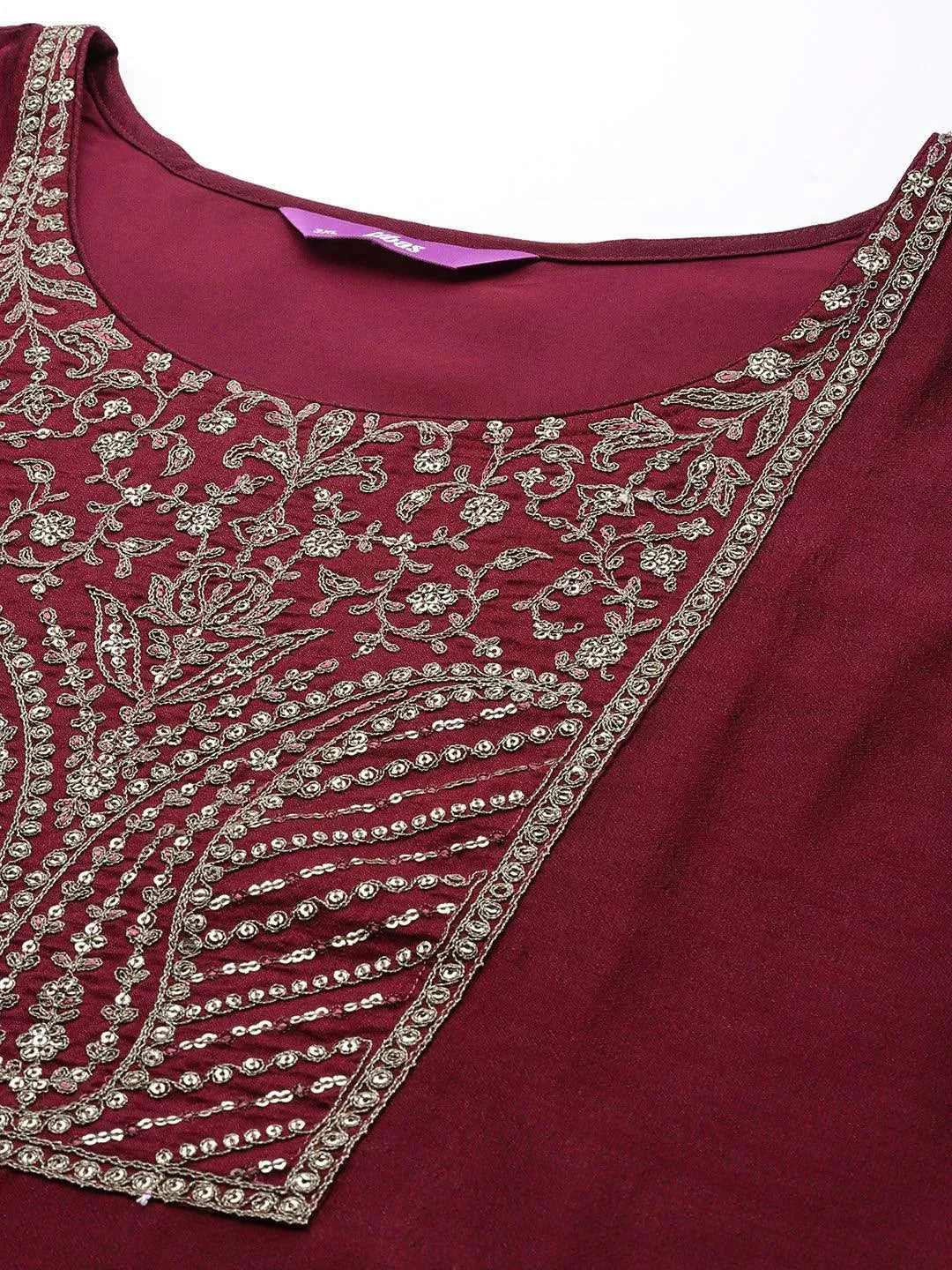 Plus Size Burgundy Yoke Design Silk Kurta - Libas