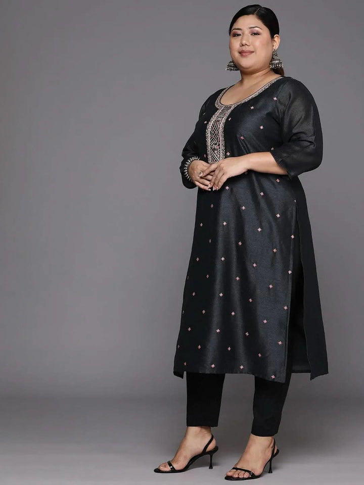 Plus Size Charcoal Embroidered Silk Straight Kurta - Libas