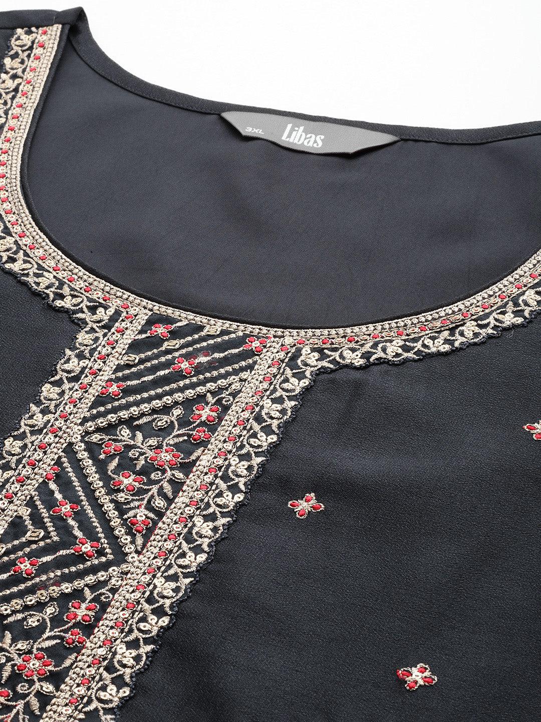 Plus Size Charcoal Embroidered Silk Straight Kurta - Libas