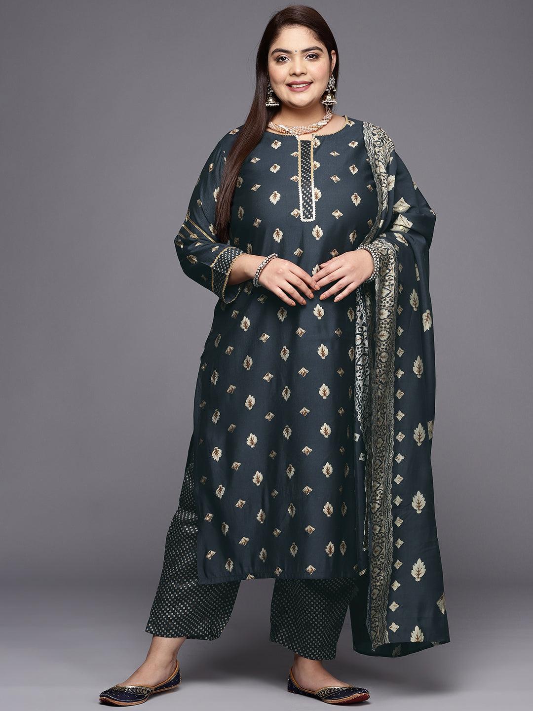 Plus Size Charcoal Printed Silk Blend Straight Kurta With Dupatta