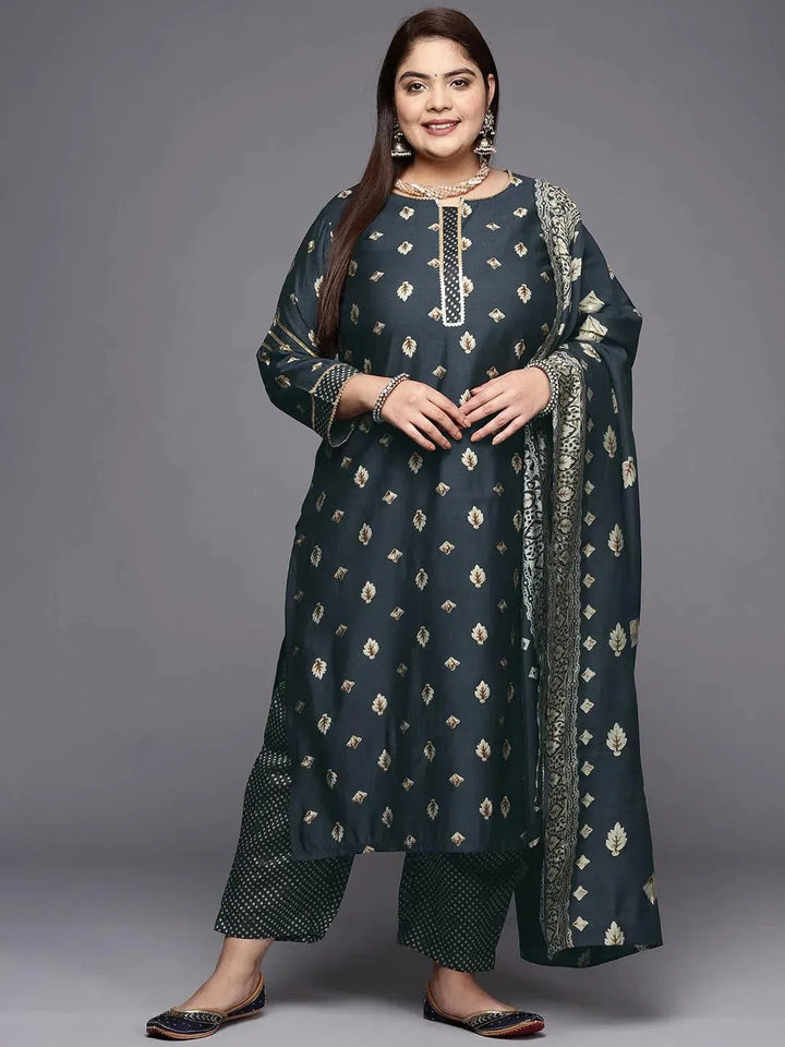 Plus Size Charcoal Printed Silk Blend Straight Suit Set - Libas