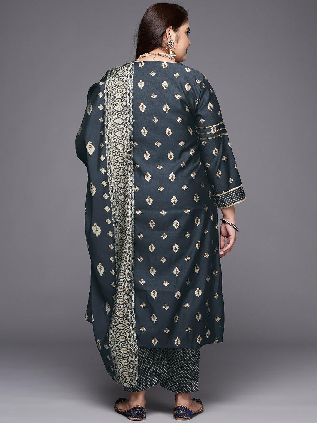 Plus Size Charcoal Printed Silk Blend Straight Kurta With Dupatta