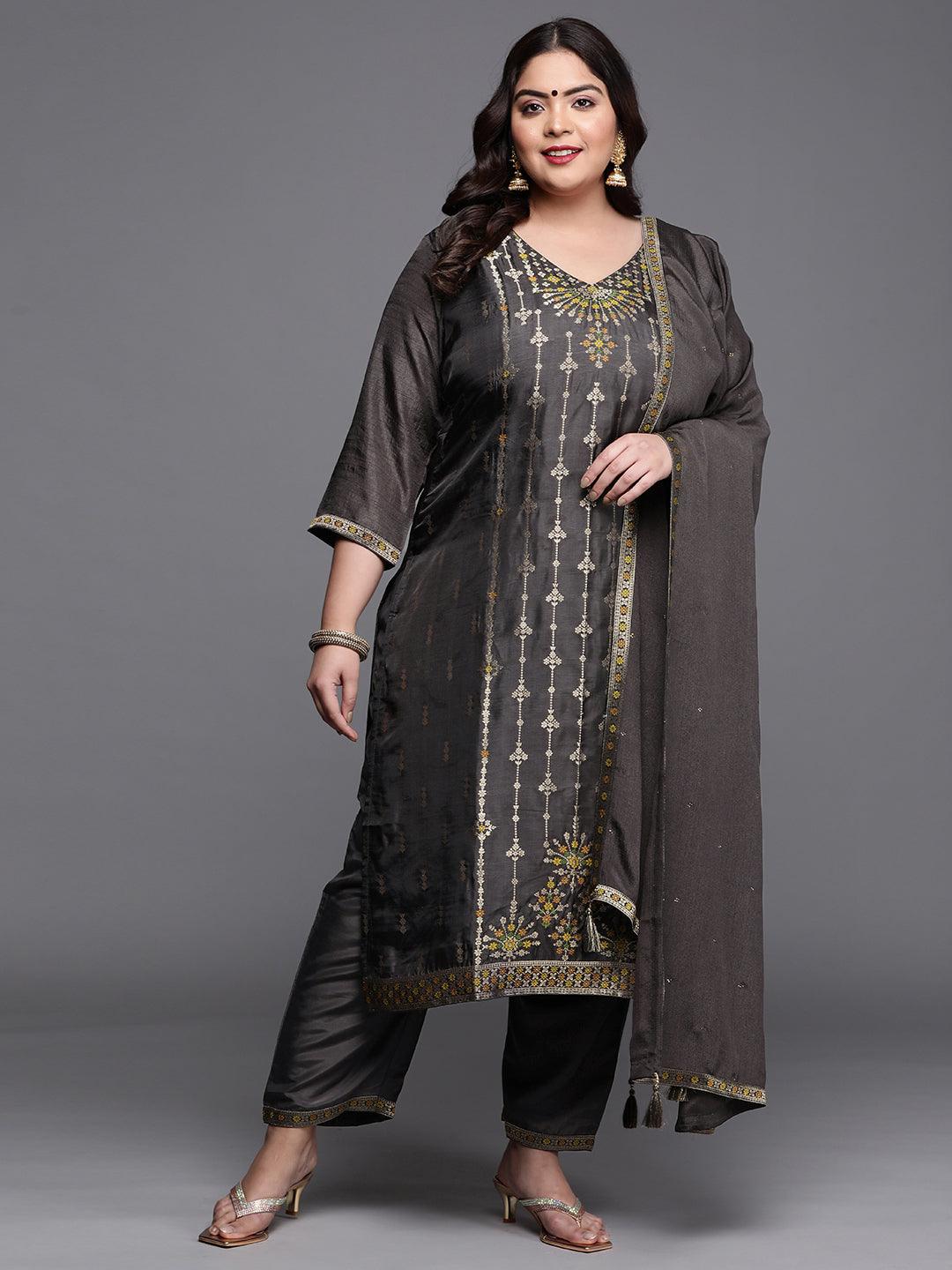 Plus Size Charcoal Self Design Silk Blend Straight Kurta With Dupatta