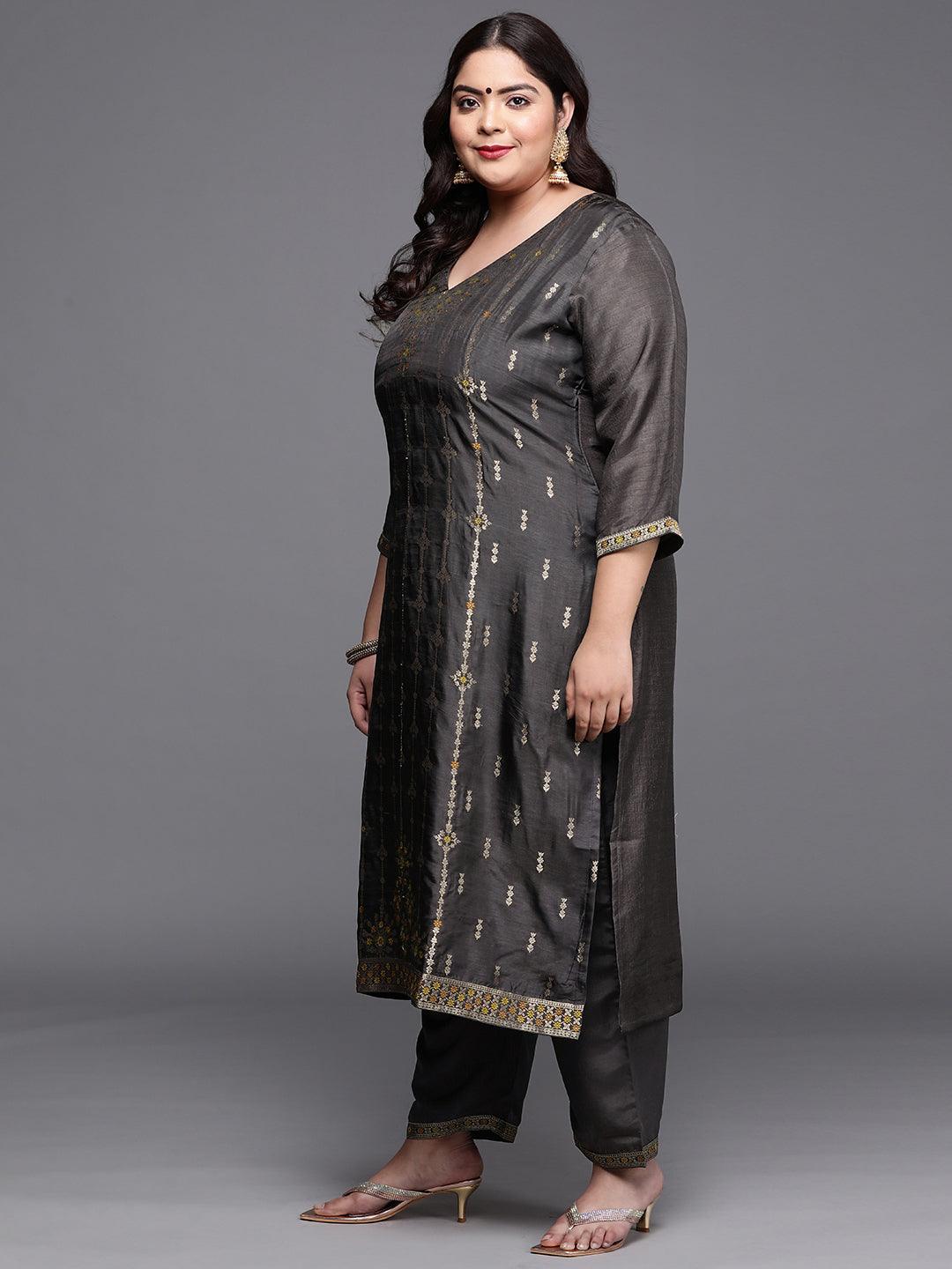 Plus Size Charcoal Self Design Silk Blend Straight Kurta With Dupatta