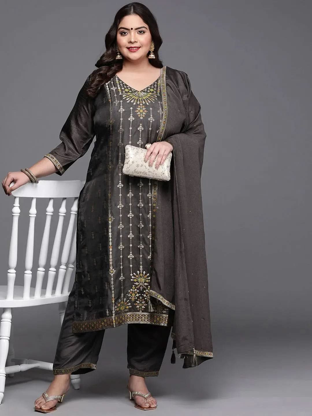 

Plus Size Charcoal Self Design Silk Blend Straight Kurta With Dupatta
