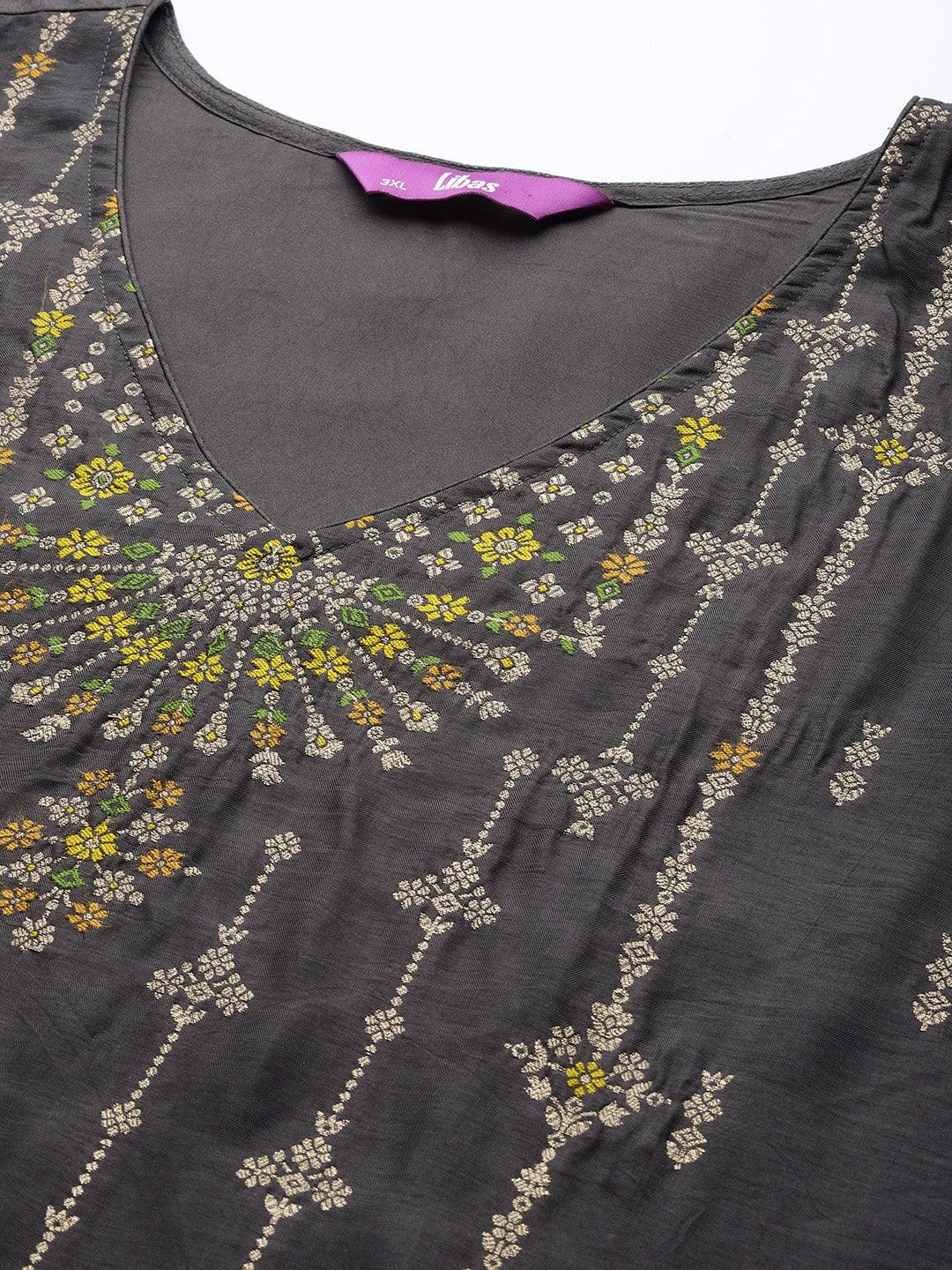 Plus Size Charcoal Self Design Silk Blend Suit Set - Libas