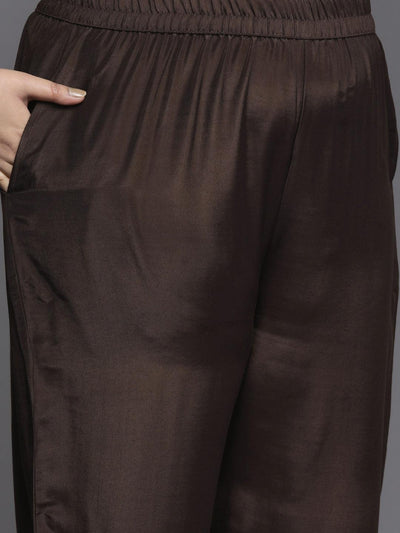 Plus Size Coffee Brown Self Design Silk Blend Suit Set - Libas