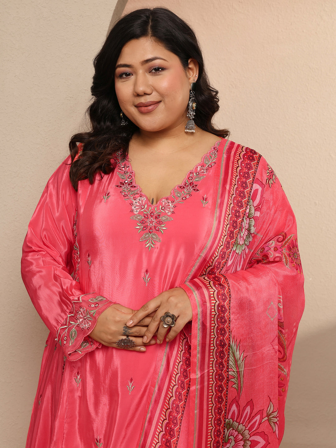  Plus Size Coral Embroidered Crepe Suit Set With Dupatta 
