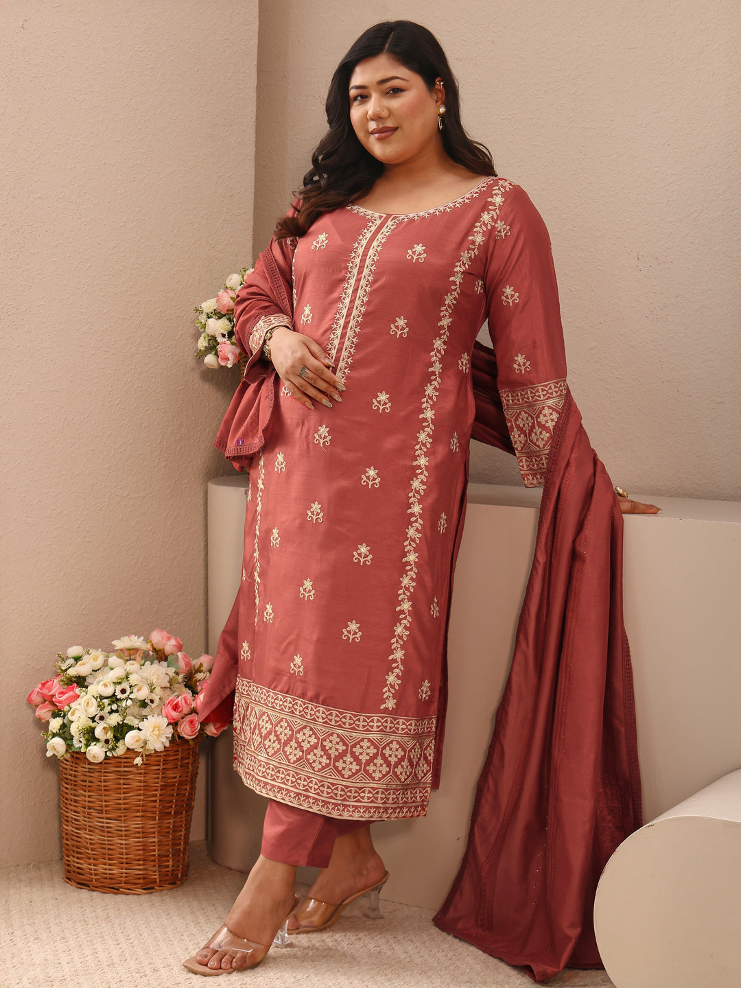 Plus Size Coral Embroidered Silk Blend Straight Suit Set With Dupatta