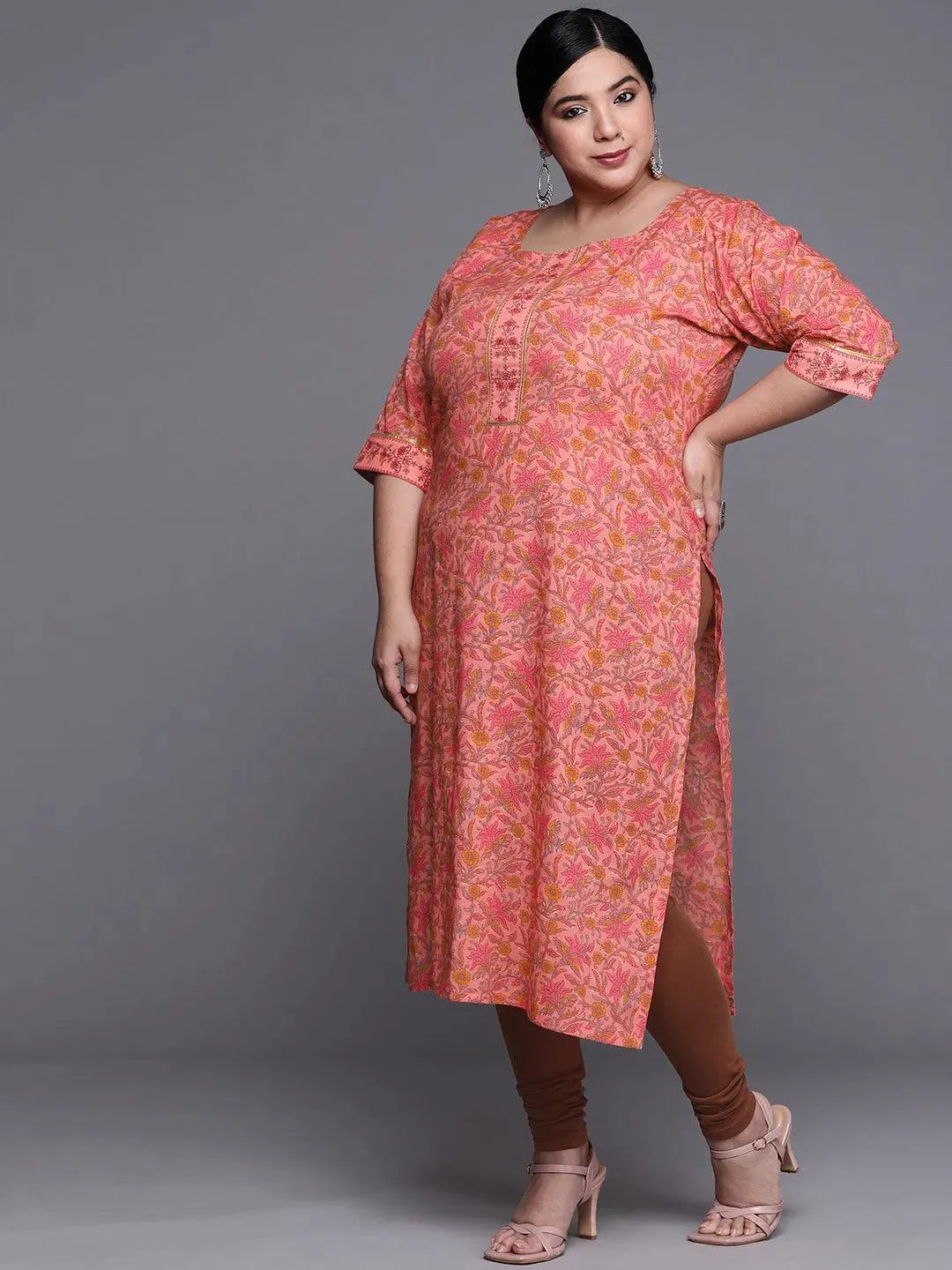 Plus Size Coral Printed Cotton Kurta - Libas