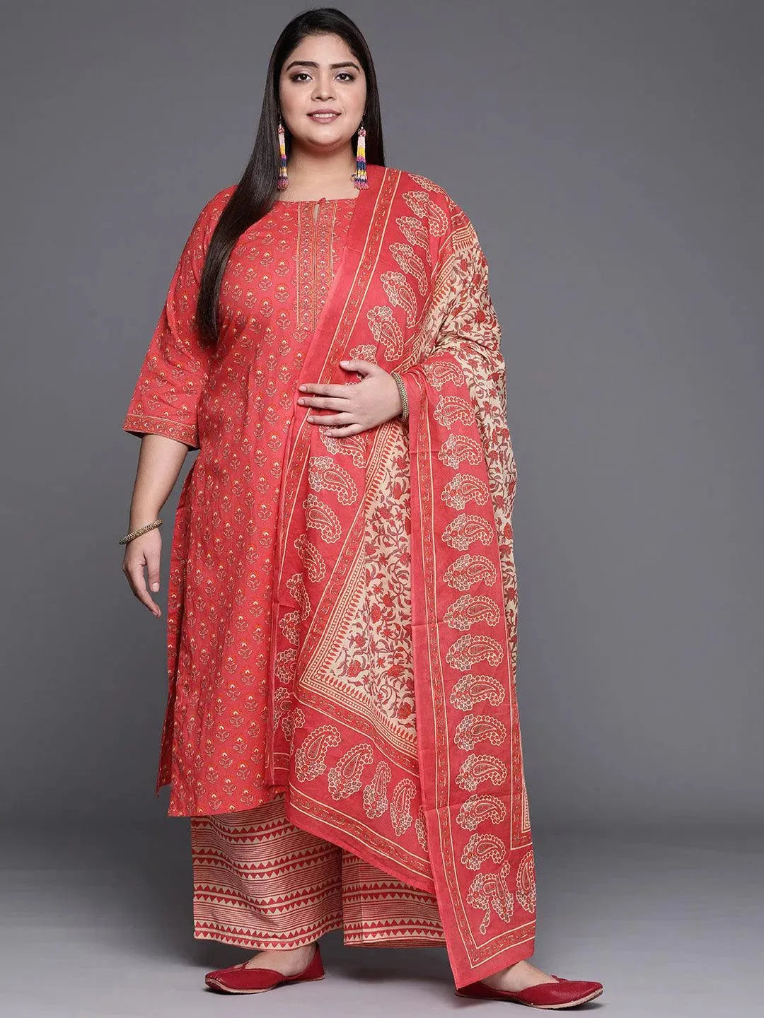 Plus Size Coral Printed Cotton Suit Set - Libas