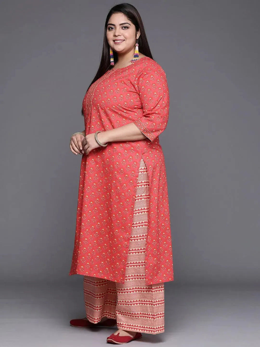 Plus Size Coral Printed Cotton Suit Set - Libas 
