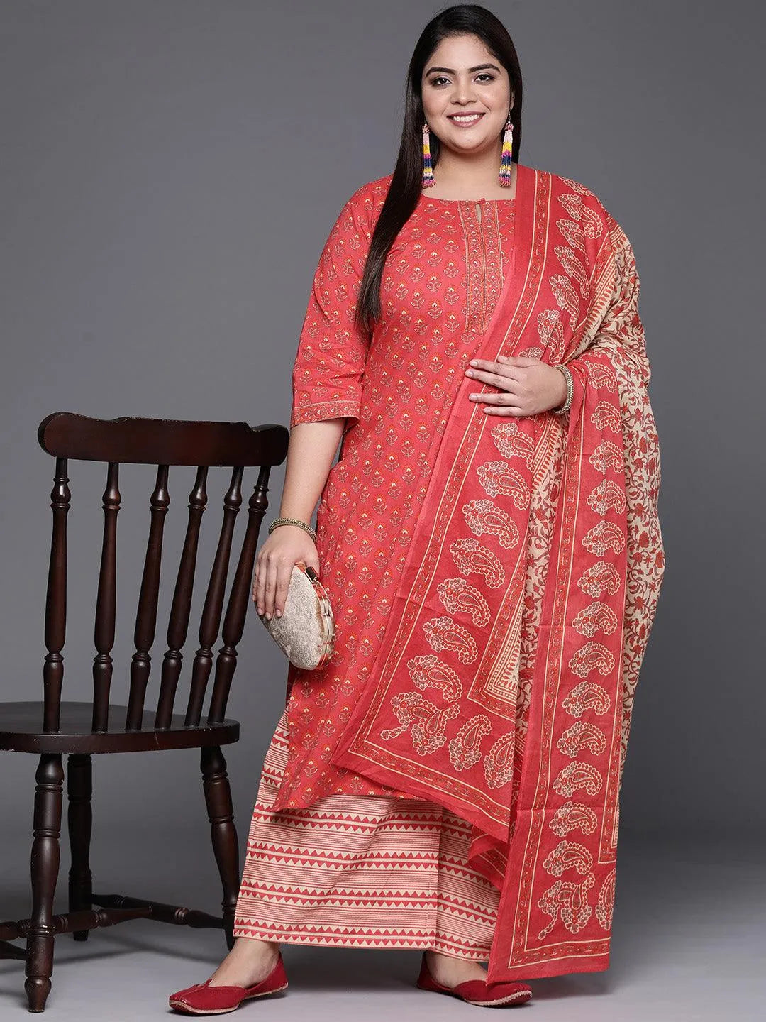 Plus Size Coral Printed Cotton Suit Set - Libas