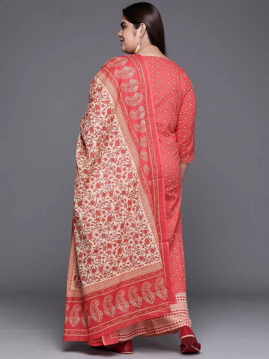 Plus Size Coral Printed Cotton Suit Set - Libas 