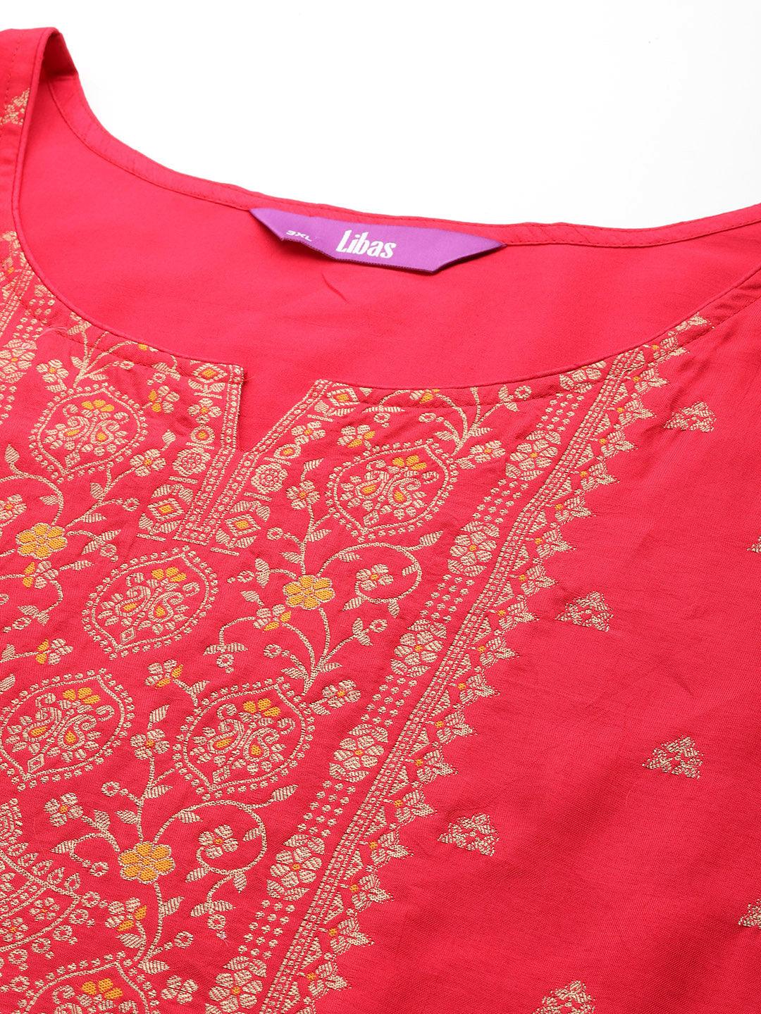 Plus Size Coral Woven Design Silk Blend Straight Suit Set - Libas