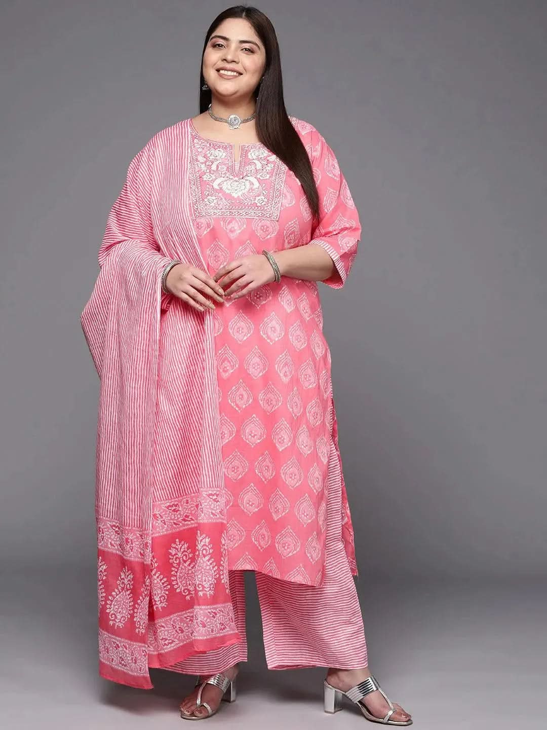 libas Plus Size Coral Yoke Design Cotton Straight Kurta With Trousers & Dupatta-picture-64