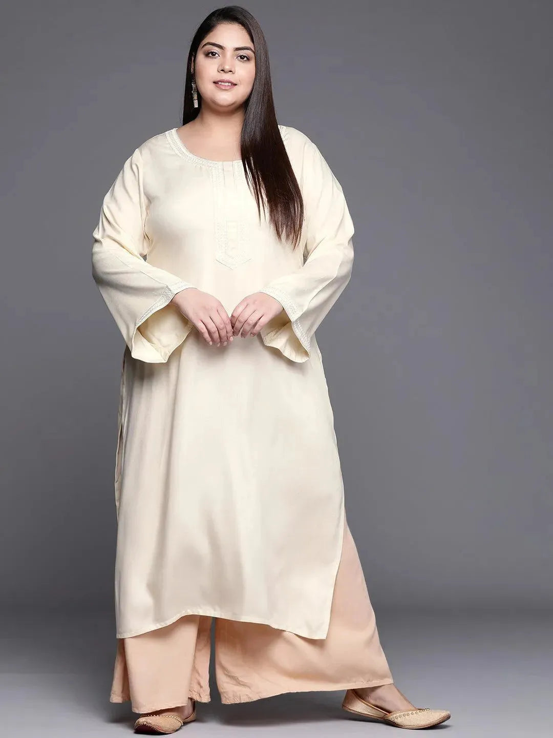 Plus Size Cream Embroidered Wool Kurta - Libas