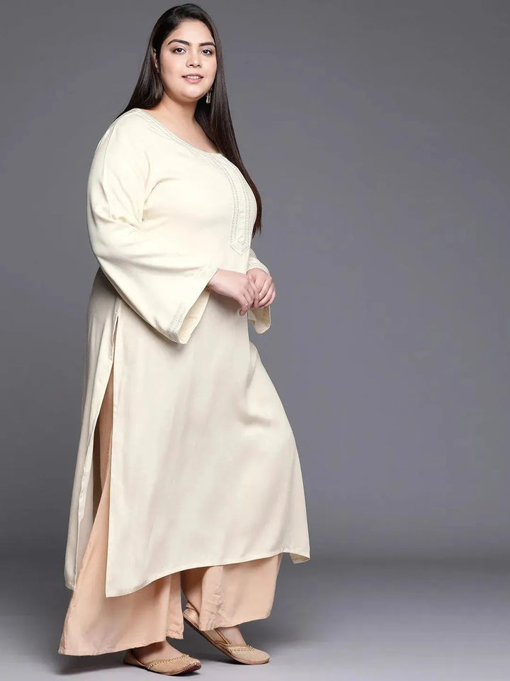 Plus Size Cream Embroidered Wool Kurta - Libas