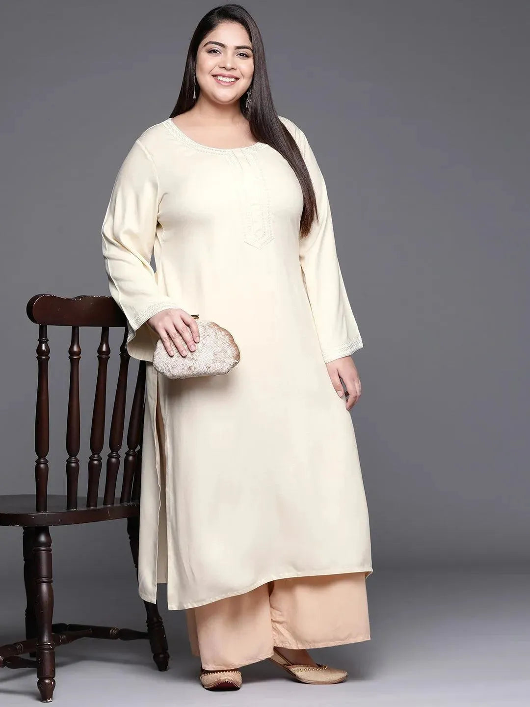 Plus Size Cream Embroidered Wool Kurta - Libas 