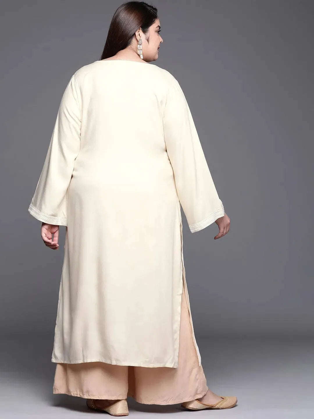 Plus Size Cream Embroidered Wool Kurta - Libas 