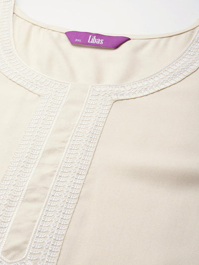 Plus Size Cream Embroidered Wool Kurta - Libas