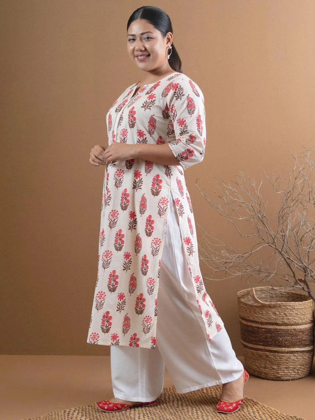 Plus Size Cream Printed Cotton Kurta - Libas 
