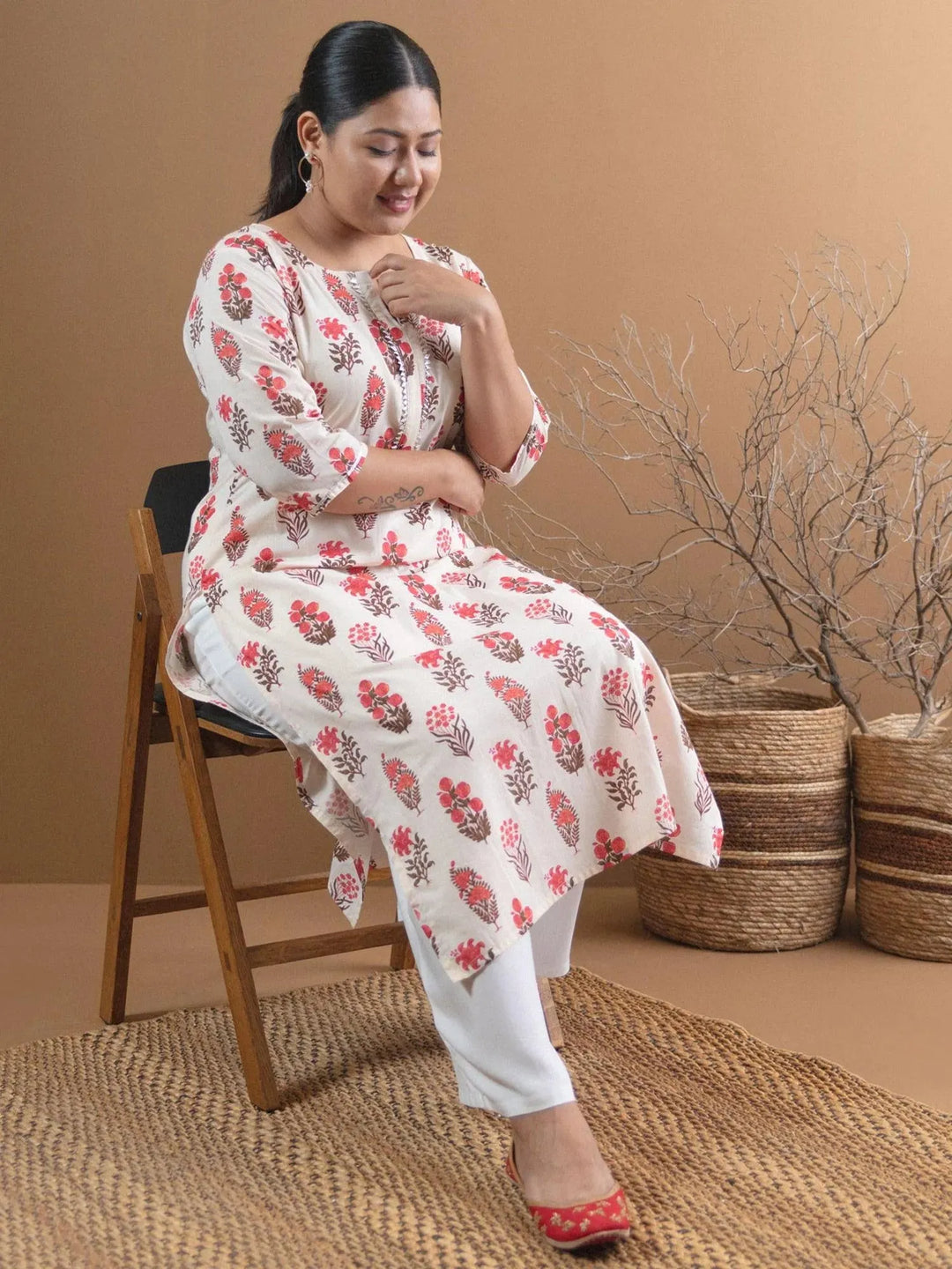 Plus Size Cream Printed Cotton Kurta - Libas