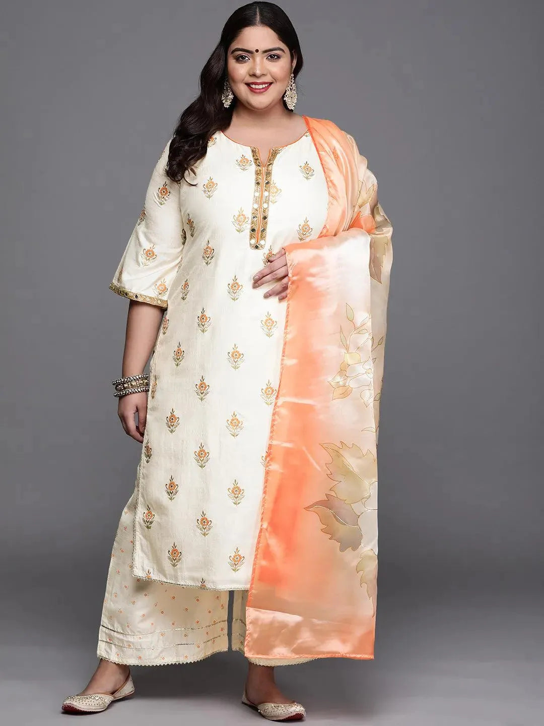 Plus Size Cream Printed Silk Blend Suit Set - Libas