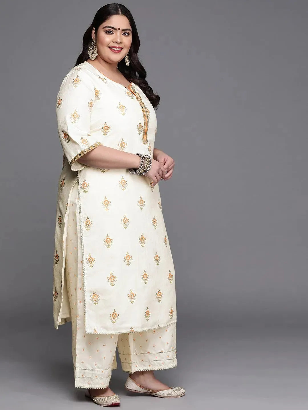 Plus Size Cream Printed Silk Blend Suit Set - Libas 